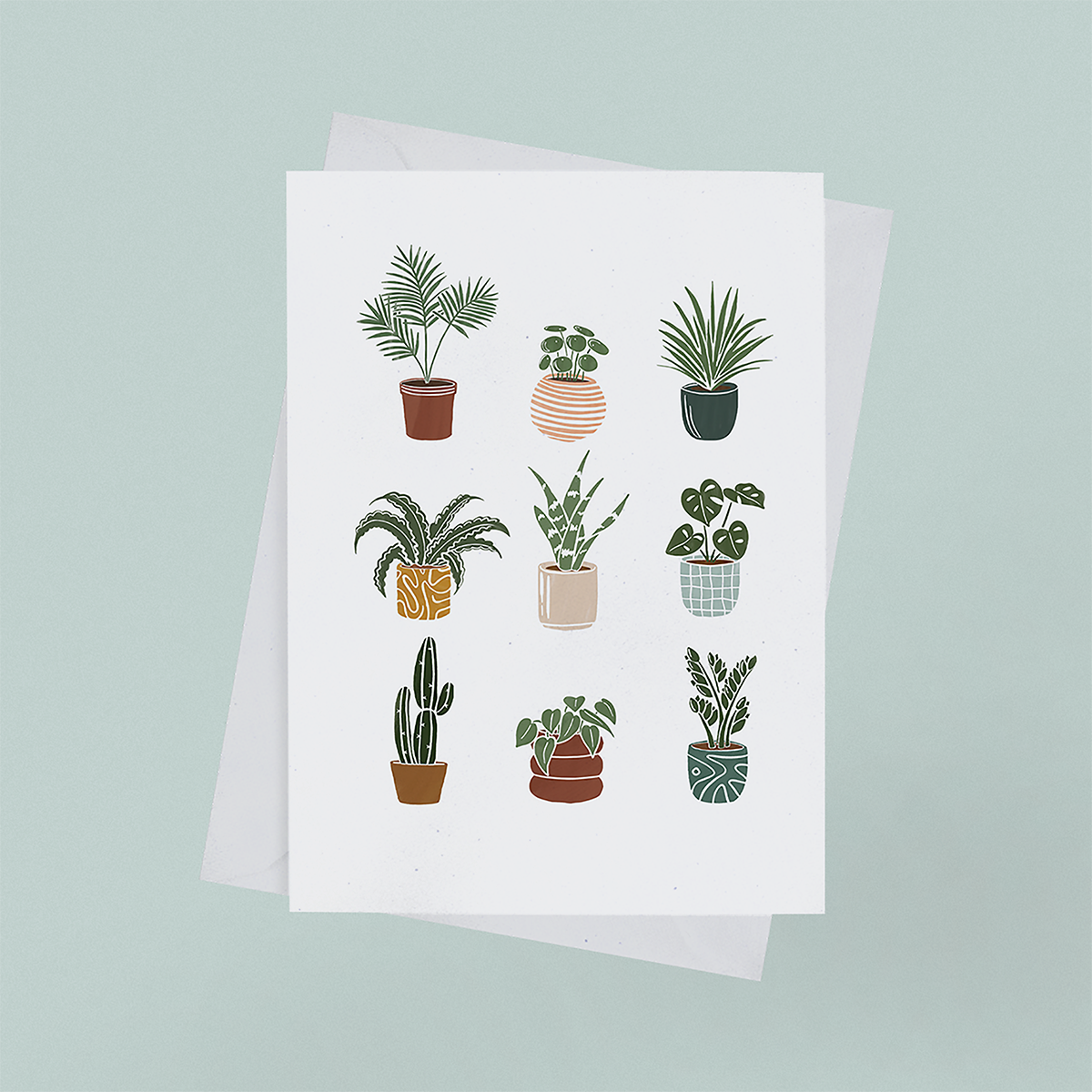 White greeting card with 9 plants in colorful planters