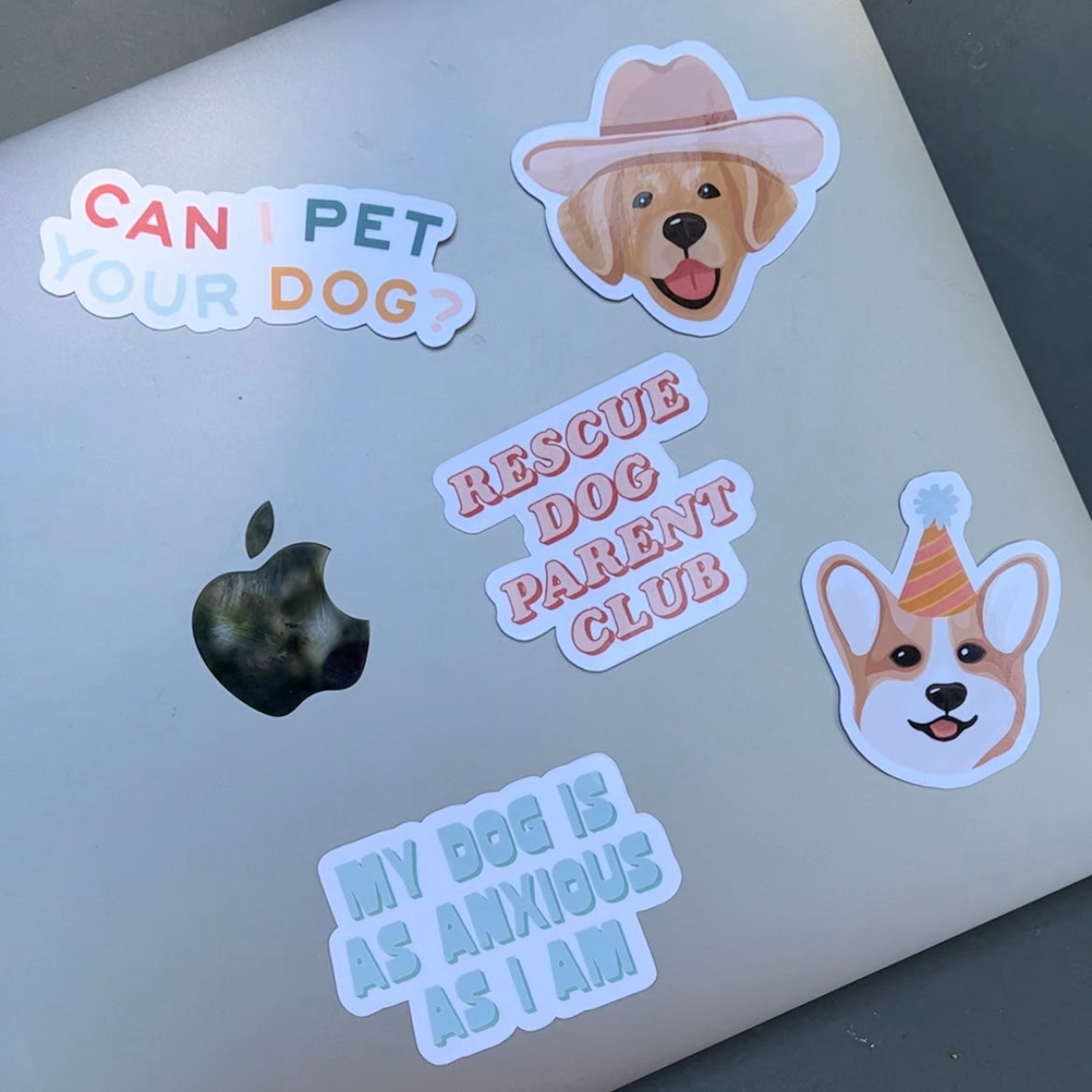 Macbook Pro displaying Rescue Dog Parent Sticker and 4 other Just Right Design Co. dog themed stickers.