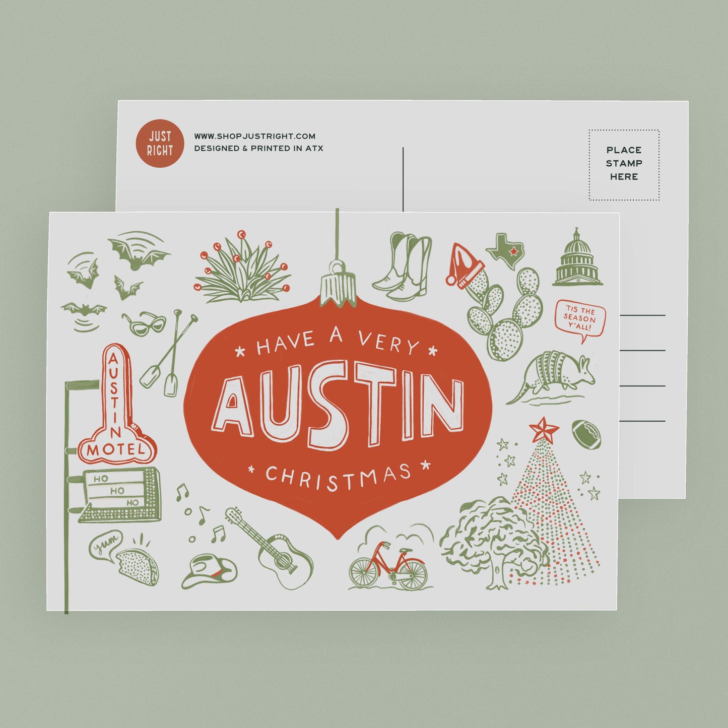 Front and back of a holiday themed Austin postcard with message "Have A Very Austin Christmas"