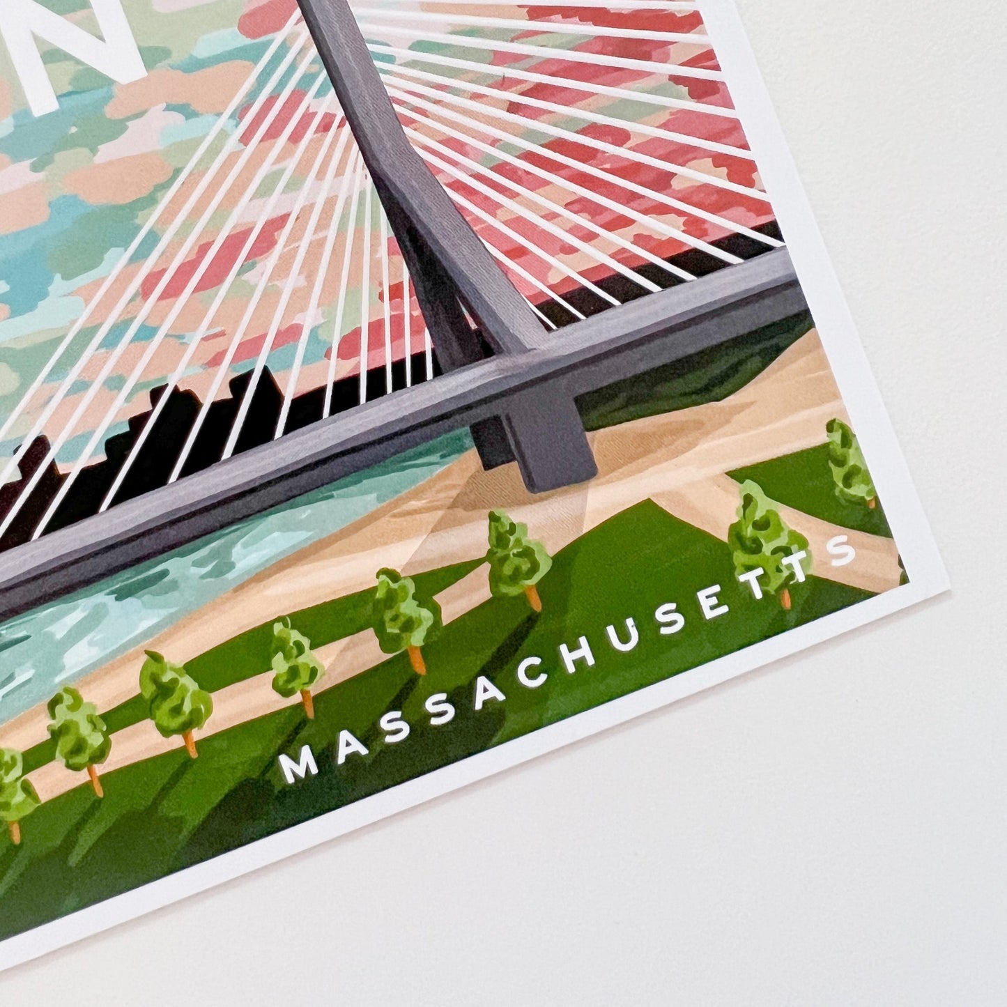 Boston postcard featuring the Zakim bridge at sunset