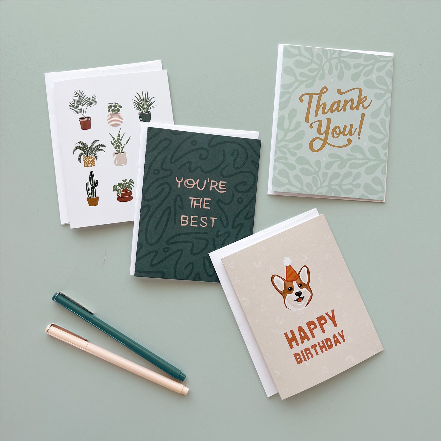 Mixed Greeting Cards: 4 Pack including 1 Plants Greeting Card, 1 You're The Best Greeting Card, 1 Thank You Card, and 1 Corgi Birthday Card.