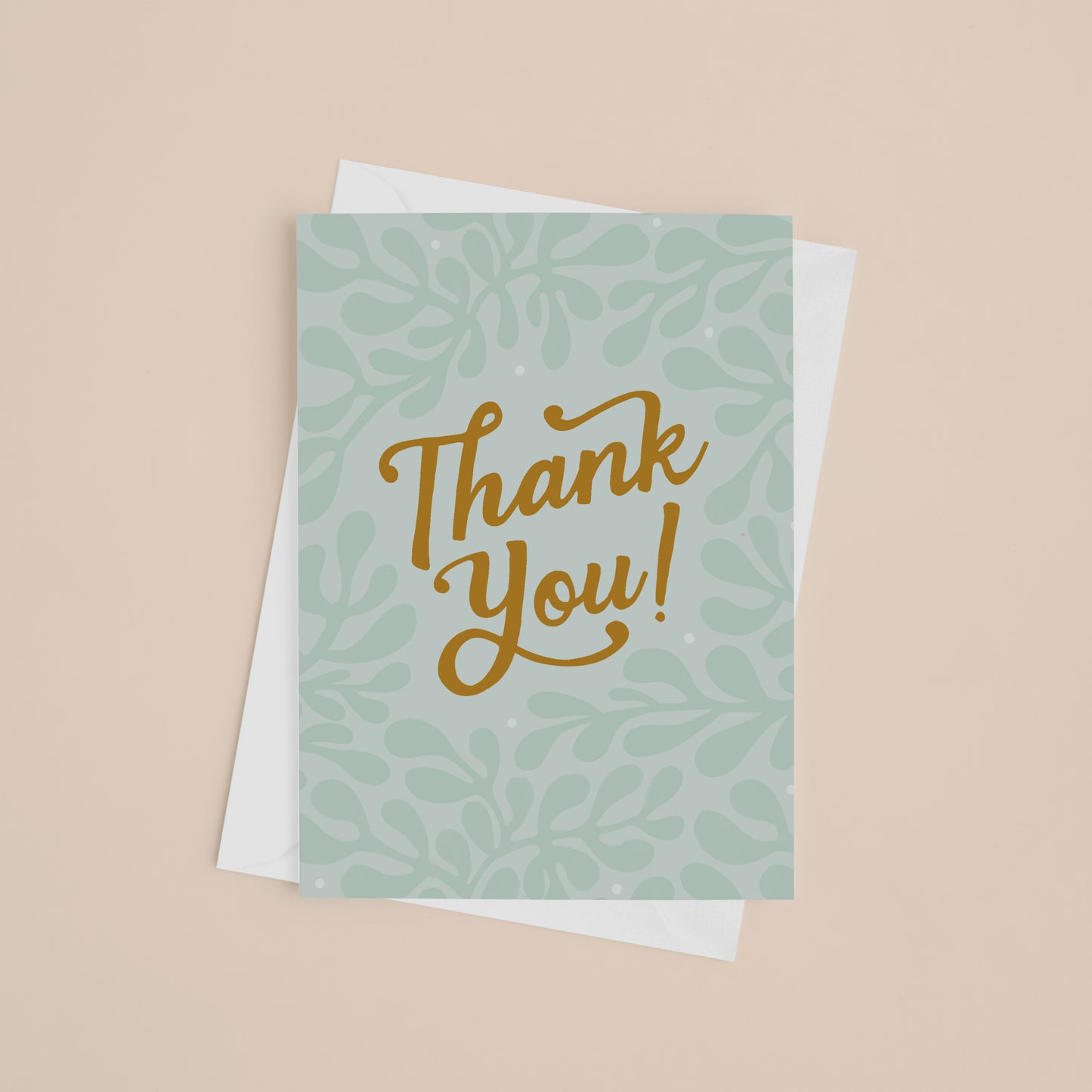 Seafoam Thank You Card with gold lettering and white envelope.