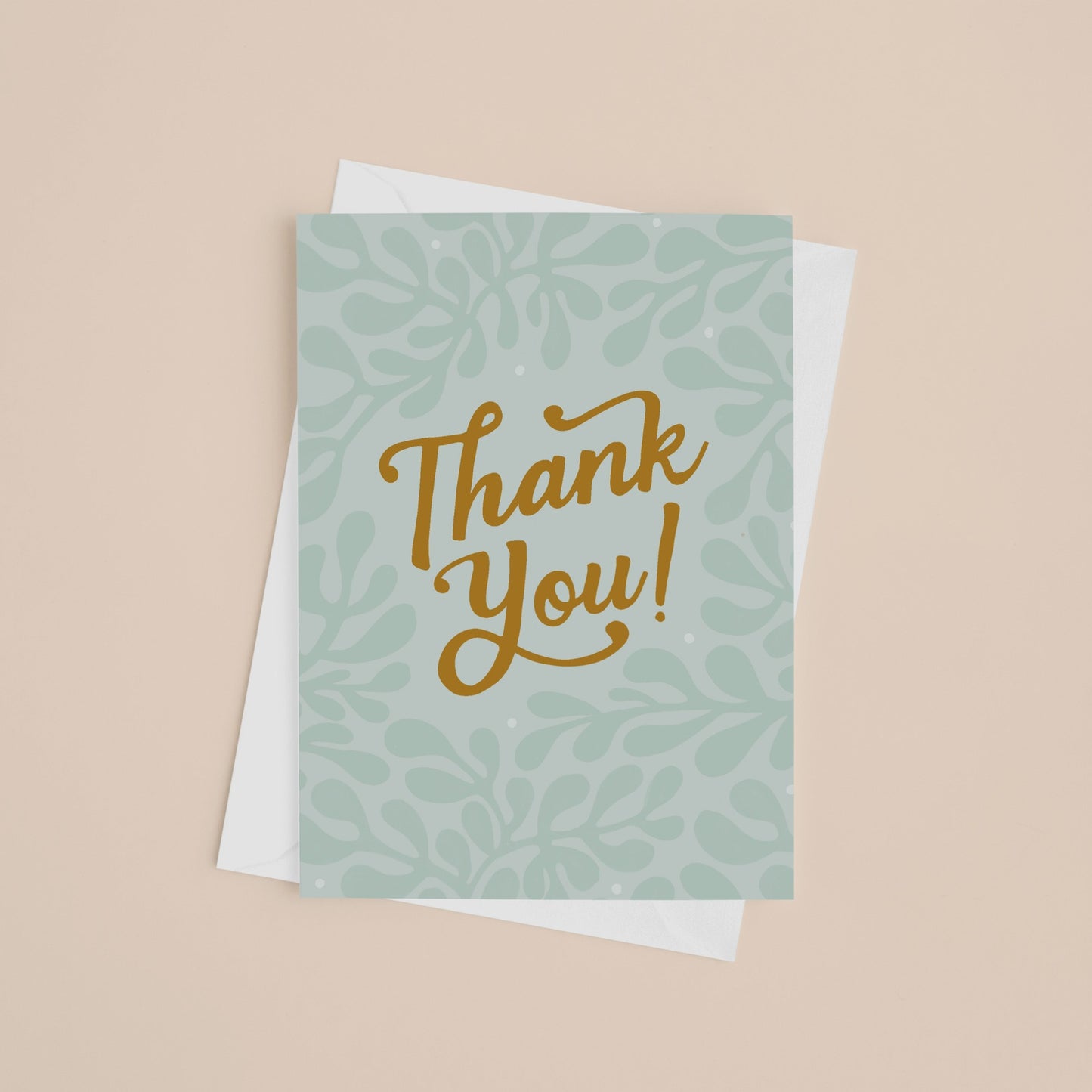 Seafoam Thank You Card with gold hand lettering and white envelope.