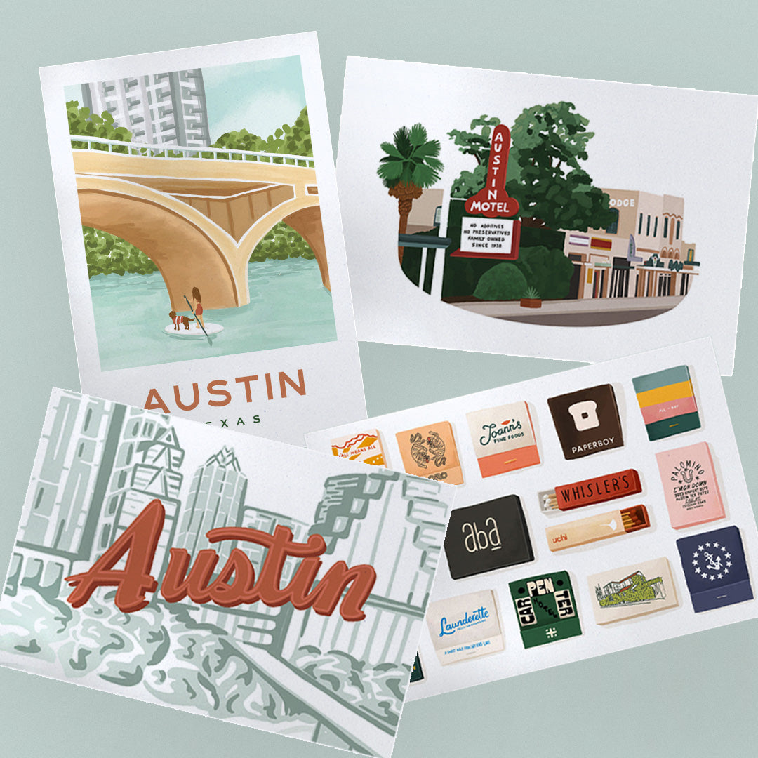 4 austin texas themed postcards depicting south congress, austin motel, the ATX skyline, lady bird lake, and matchbooks from Austin's most popular restaurants