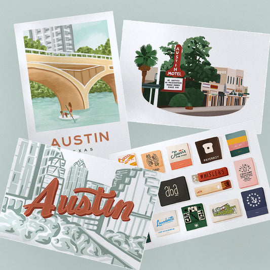 4 austin texas themed postcards depicting south congress, austin motel, the ATX skyline, lady bird lake, and matchbooks from Austin's most popular restaurants