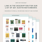 4 page document showing all Austin matchbooks including Austin Motel, Carpenter Hotel, Hotel San Jose, Hotel Magdalena, and more.