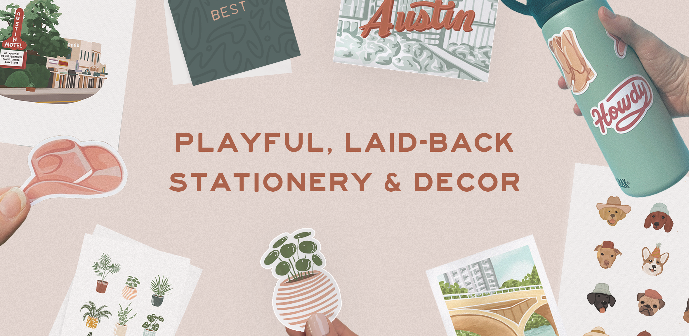 Collage of stickers, cards, and art prints with text "playful, laid-back stationery & decor"