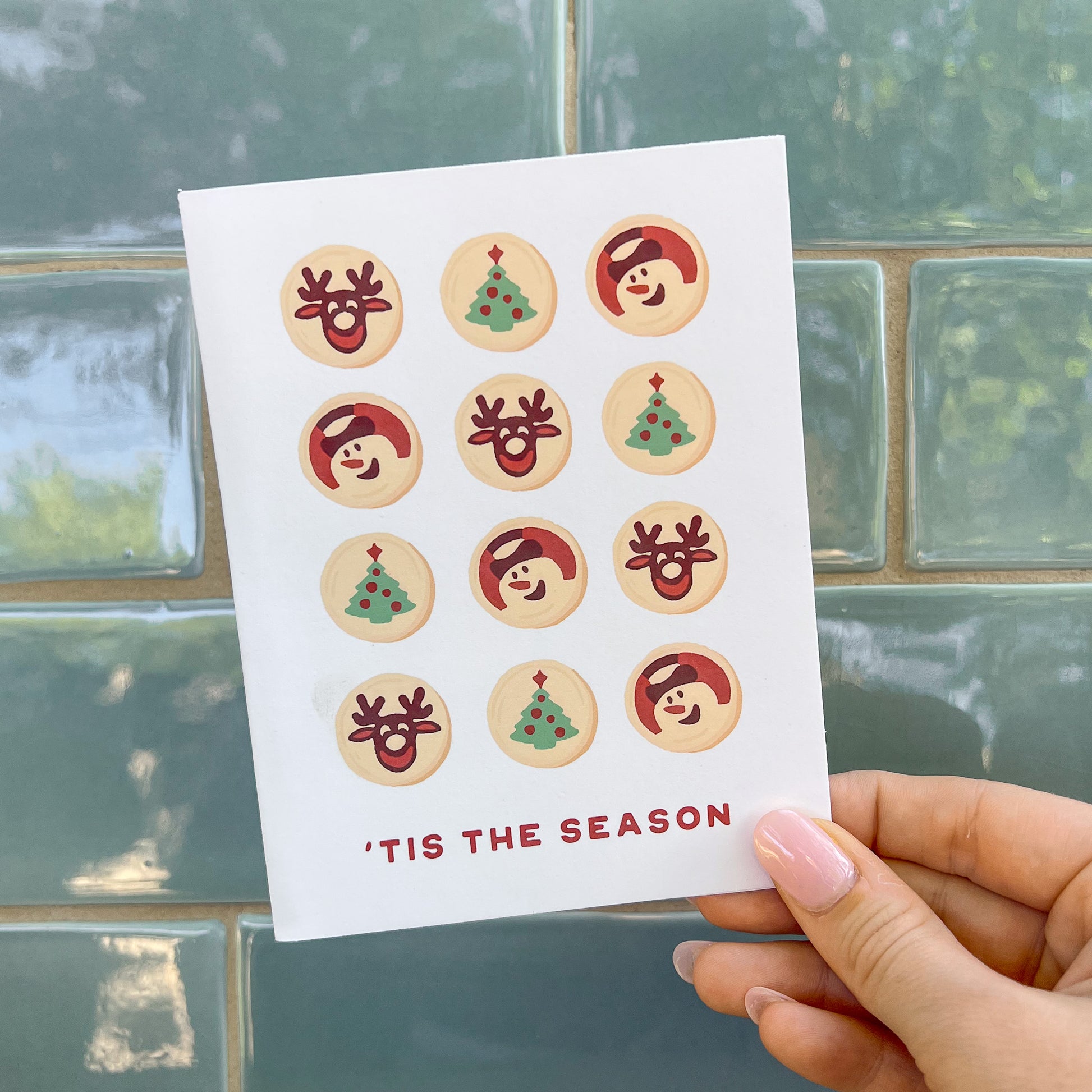 Holiday card with lots of Pillsbury Ready-To-Back holiday cookies with the message 'tis the season