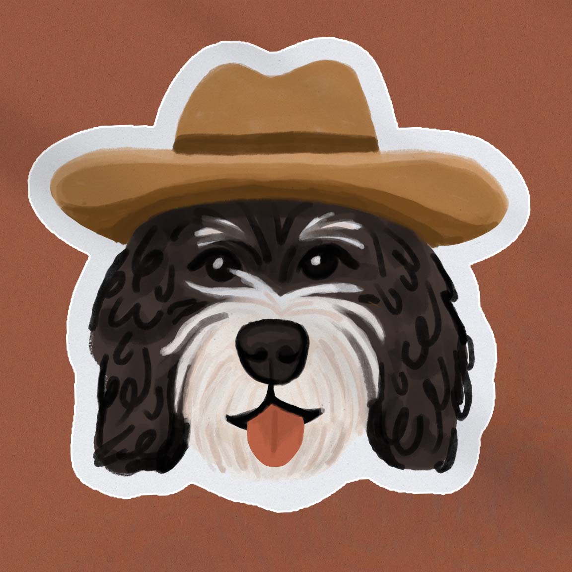 Waterproof vinyl sticker of a Bernedoodle in a cowboy hat