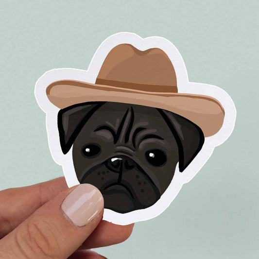 waterproof vinyl sticker of Black Pug in a cowboy hat