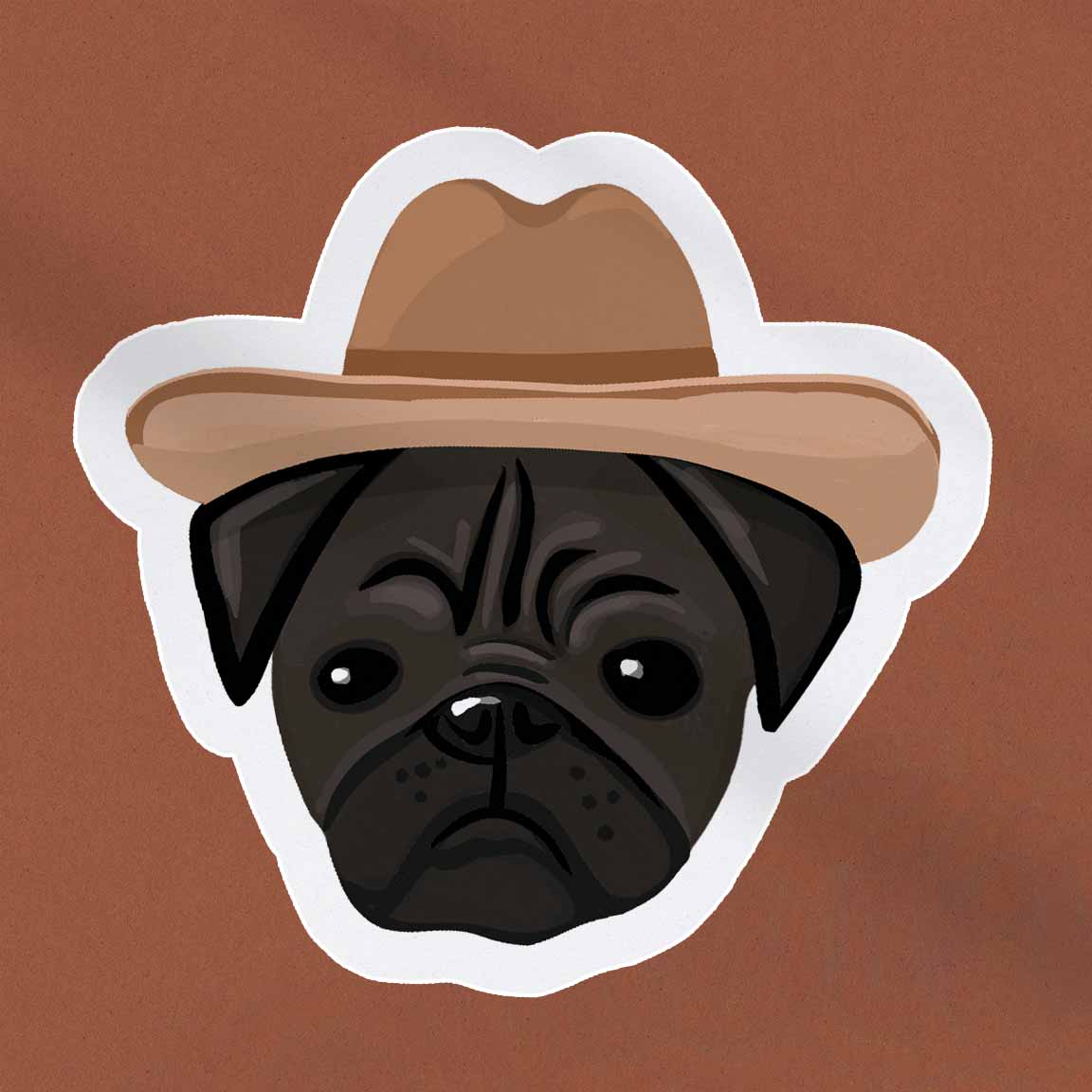 waterproof vinyl sticker of Black Pug in a cowboy hat