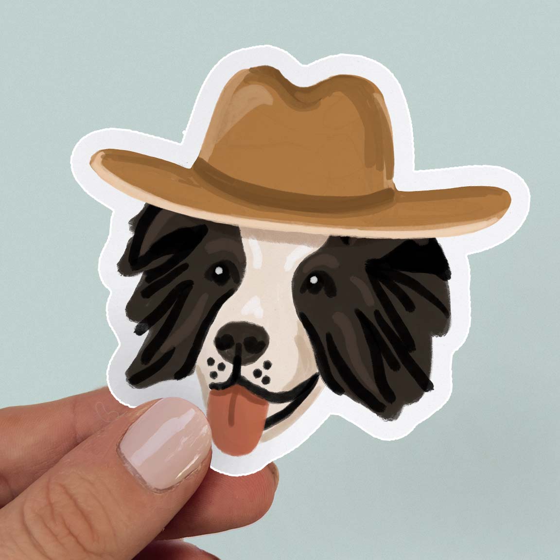 Waterproof vinyl sticker of a Border Collie in a Cowboy Hat