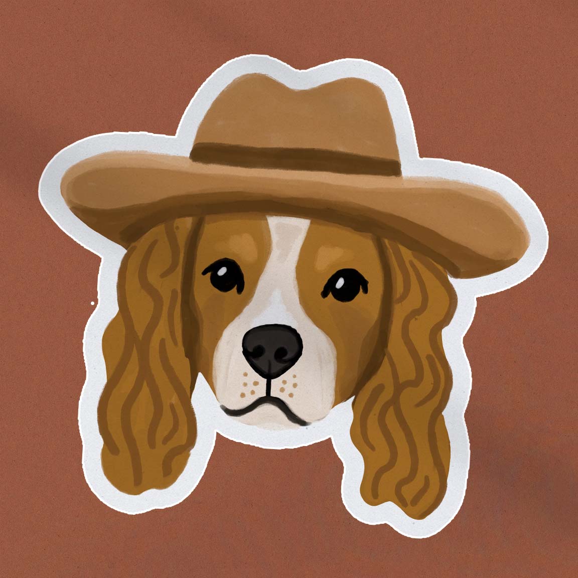 Waterproof vinyl sticker of a Cavalier King Charles Spaniel in a cowboy hat