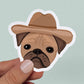 waterproof vinyl sticker of a pug in a cowboy hat