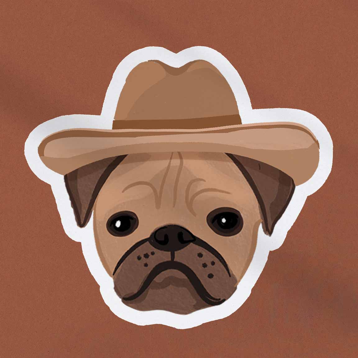 waterproof vinyl sticker of a pug in a cowboy hat