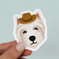 Waterproof vinyl sticker of a Westie (also known as West Highland White Terrier) in a cowboy hat