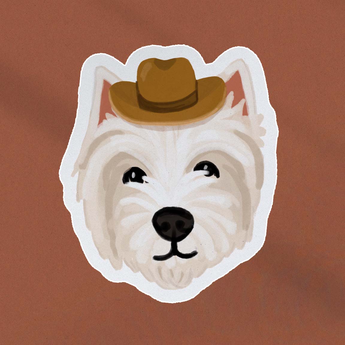 Waterproof vinyl sticker of a Westie (also known as West Highland White Terrier) in a cowboy hat