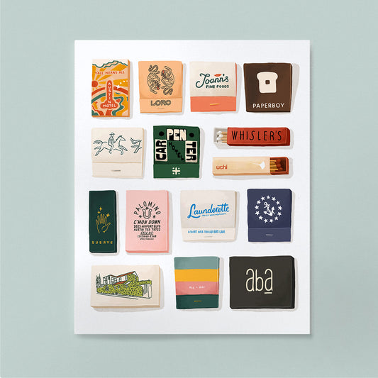 Art print featuring watercolor matchbooks from Austin Motel, Loro, Joann's Fine Foods, Paperboy, Hanks, Carpenter Hotel, Whisler's, Uchi, Suerte, Palomino Coffee, Launderette, Clarks Oyster Bar, Hotel San Jose, Junes All Day, and Aba