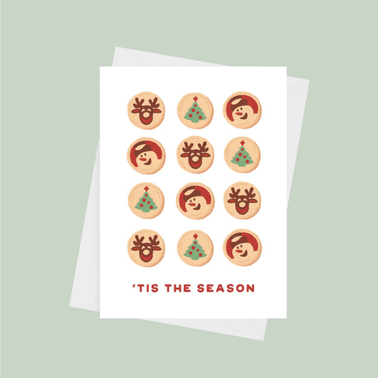 Holiday card with lots of Pillsbury Ready-To-Back holiday cookies with the message 'tis the season