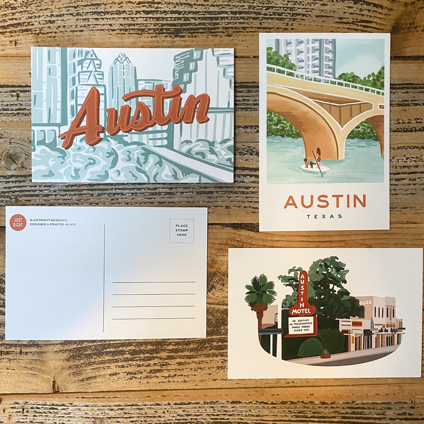 3 Austin Postcards & Postcard Back