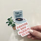 3 stickers - One saying "Rescue Dog Parent Club", one record player saying "Take it Easy" in wavy retro text, and an illustrated fiddle leaf fig