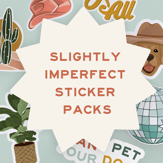 Miscellaneous decorative stickers with a star in the middle saying "Slightly Imperfect Sticker Packs"