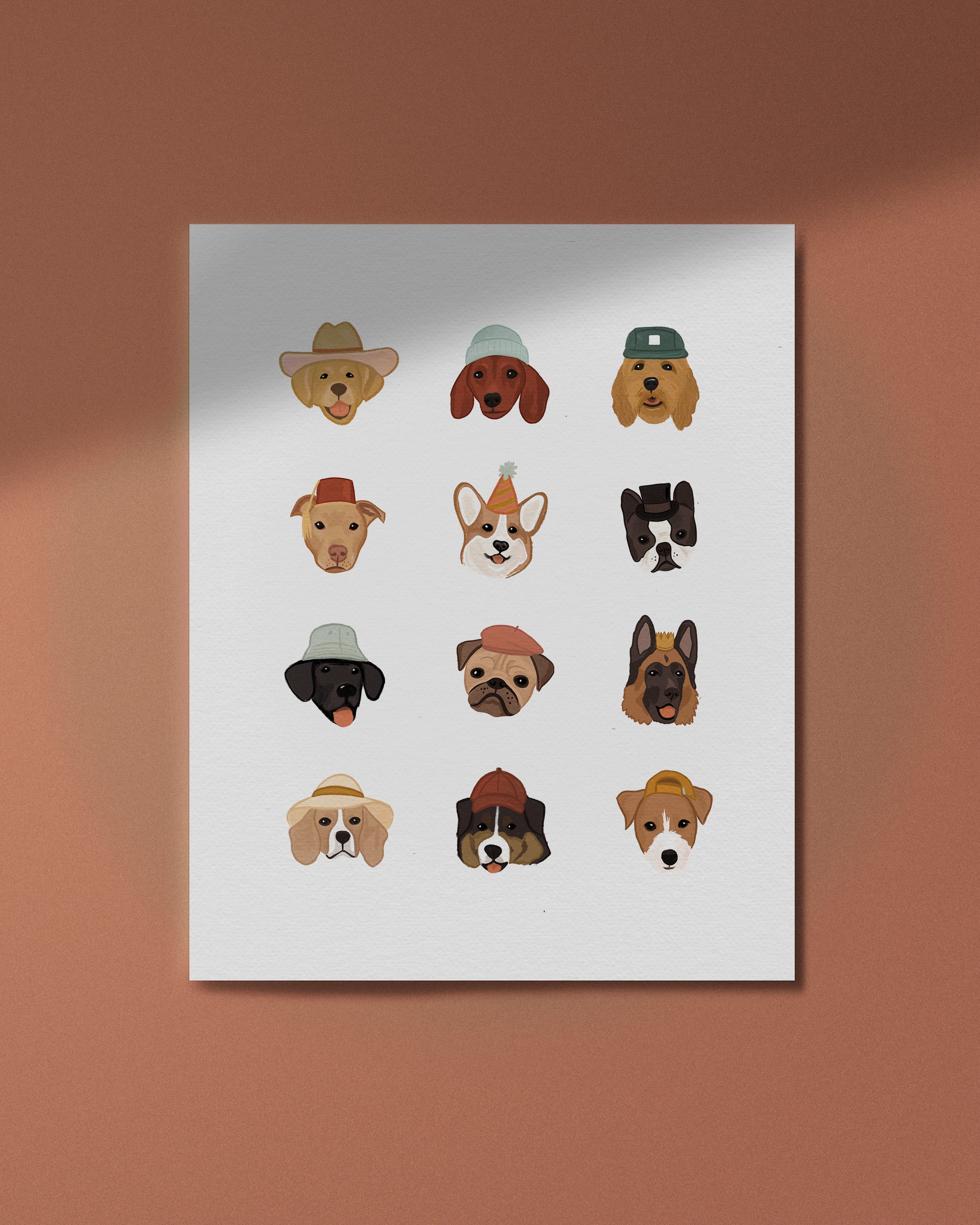 8x10" art print featuring 12 dogs wearing various hats.