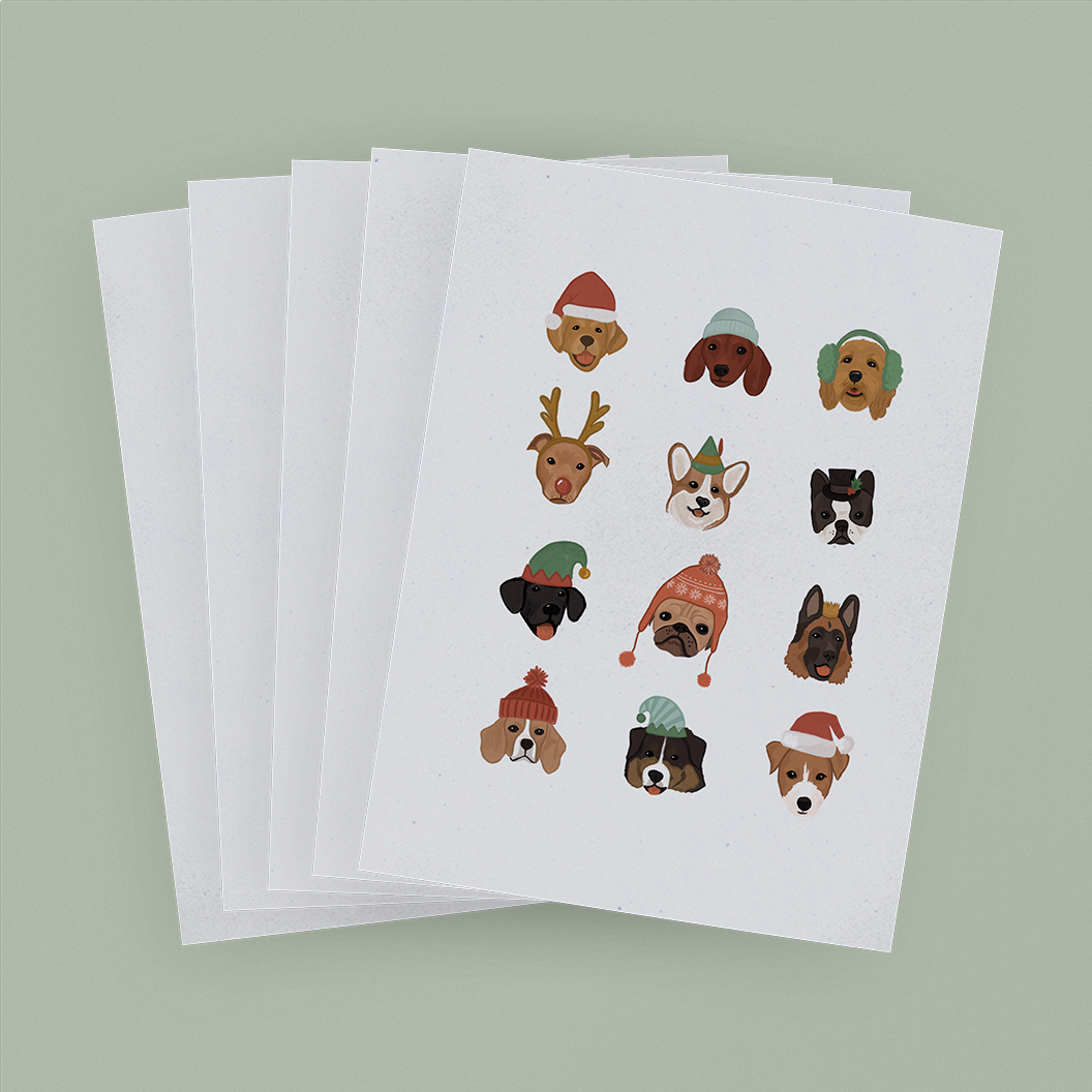 5 white cards with 12 dogs, each in a different holiday hat
