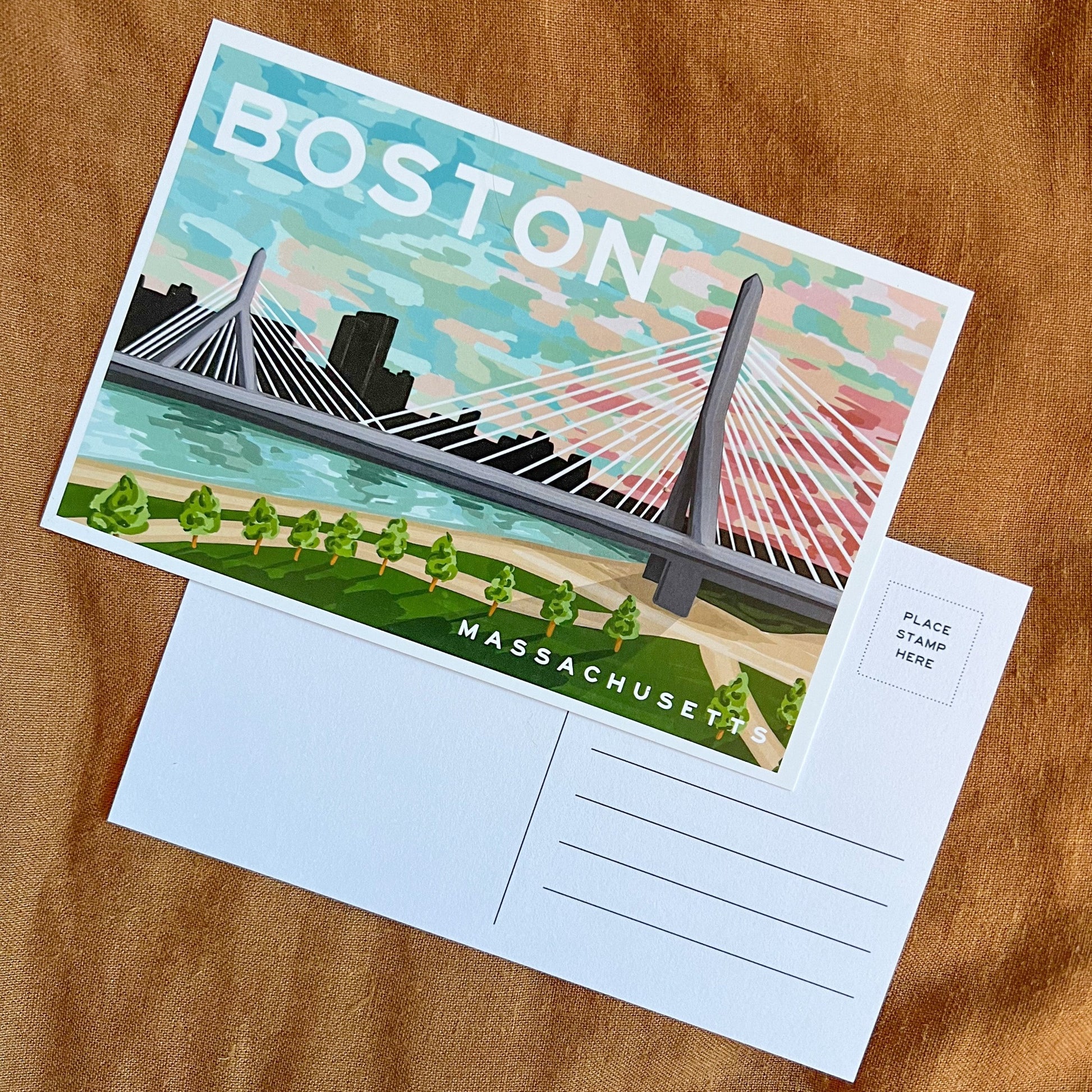 Front and back of Boston postcard featuring the Zakim bridge at sunset