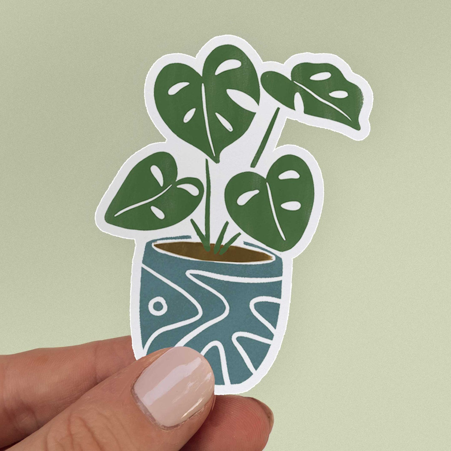 Monstera Plant Sticker with blue Mid Century Modern style pot.