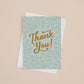 Seafoam Thank You Card with gold hand lettering and white envelope.