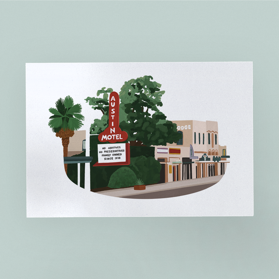 Front of postcard displaying South Congress Avenue, drawn based on inspiration from a photo the artist took as a teenager.