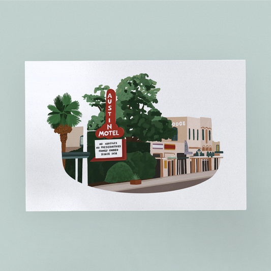 Front of postcard displaying South Congress Avenue, drawn based on inspiration from a photo the artist took as a teenager.