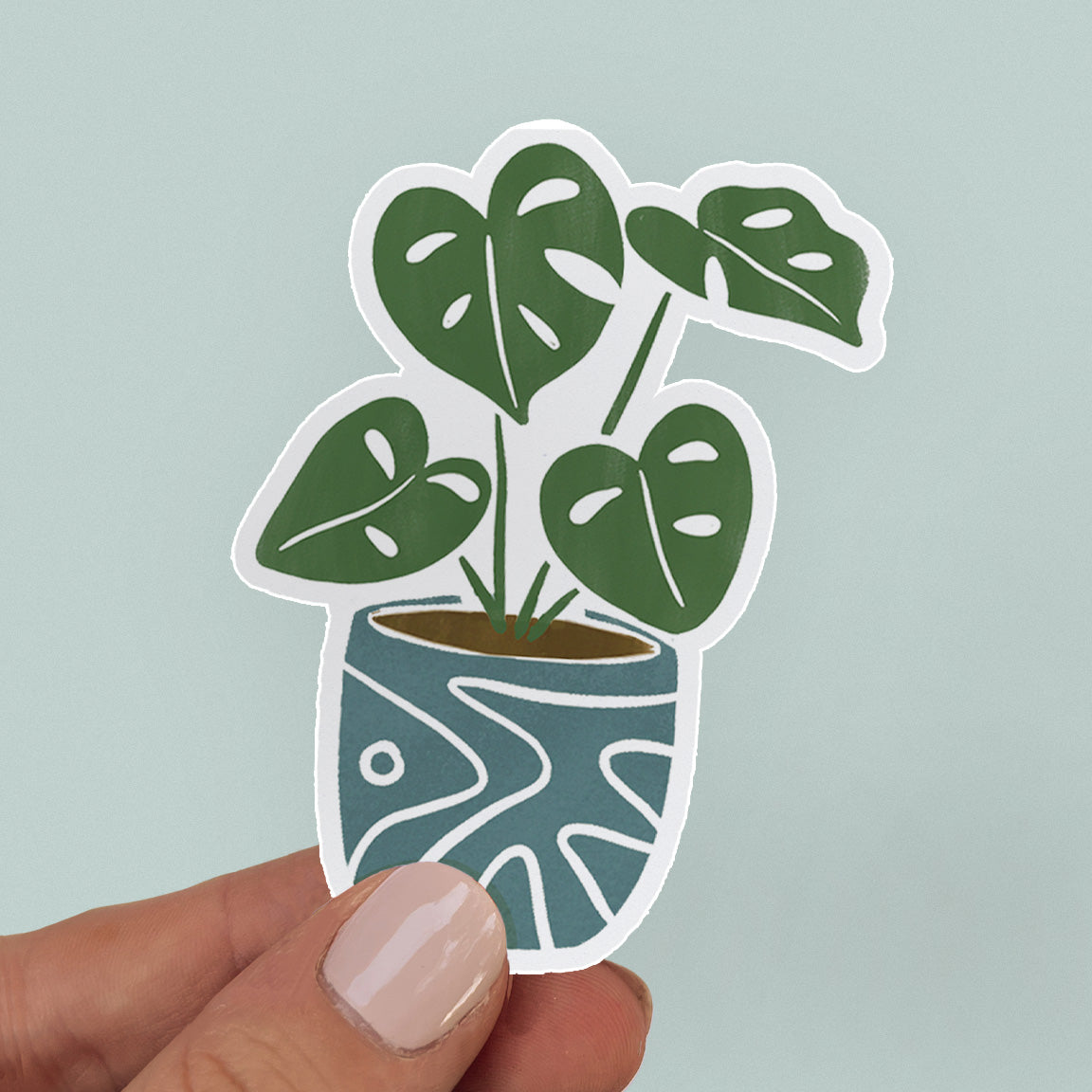 Monstera Plant Sticker with blue Mid Century Modern style pot.