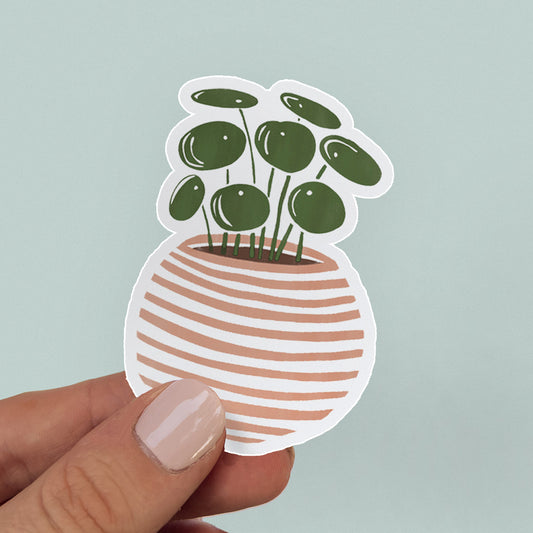 Sticker depicting Pilea Plant in Pink Stripe Pot